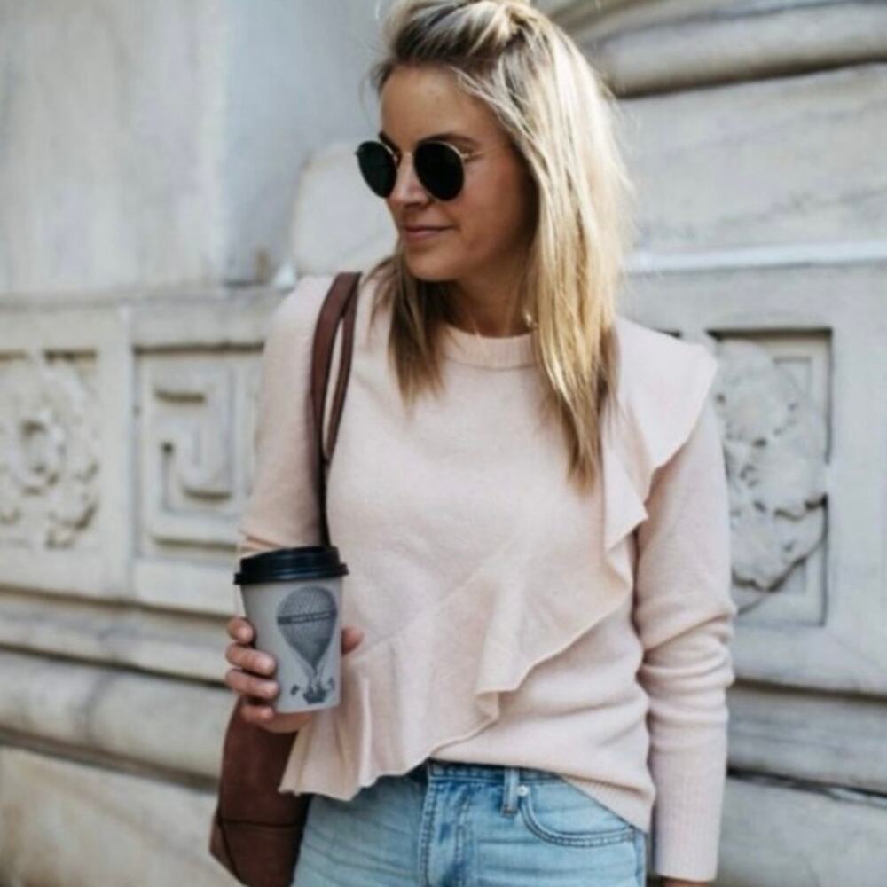 Women’s J. Crew Light Pink Ruffle Sweater 100% Merino Wool Size XS